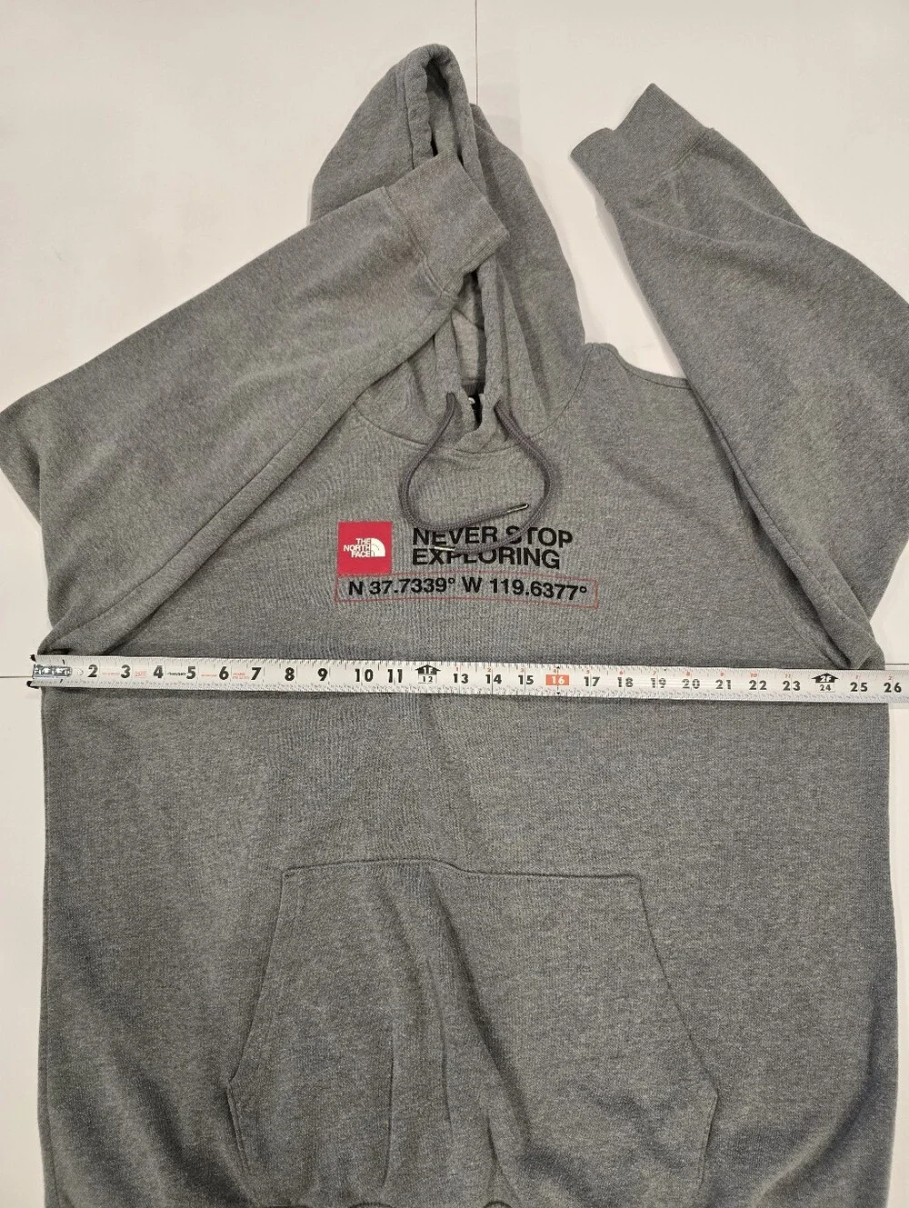 The North Face Gray Pullover Hoodie with Red Logo & Black Text Mens XL